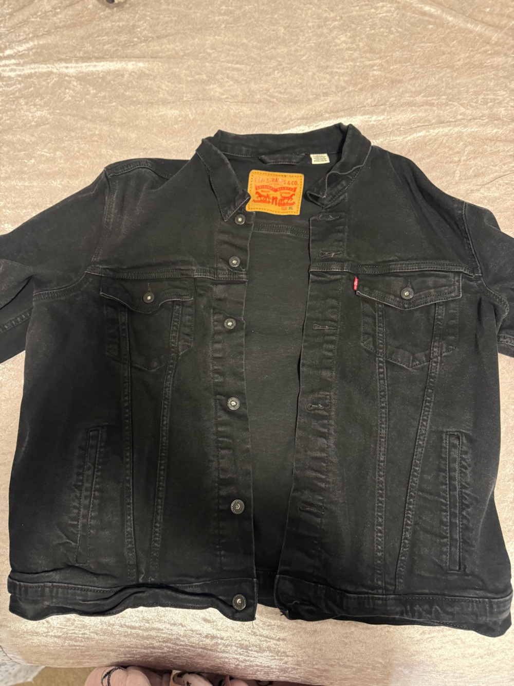 Levi's Black Denim Jacket with Tan Leather Logo Patch